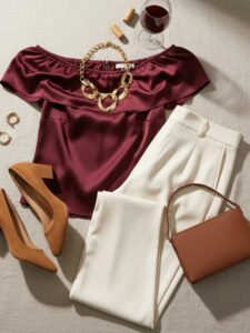 Off-Shoulder Top, Flared Trousers Dinner Date Outfit Idea