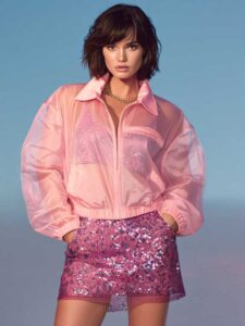 Pink Cardigan and Neutral Skirt